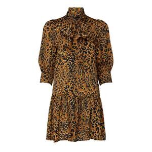 Hunter‎ Bell Leopard Keely Silk Tie Neck Drop Waist Button Up Dress Women's XS